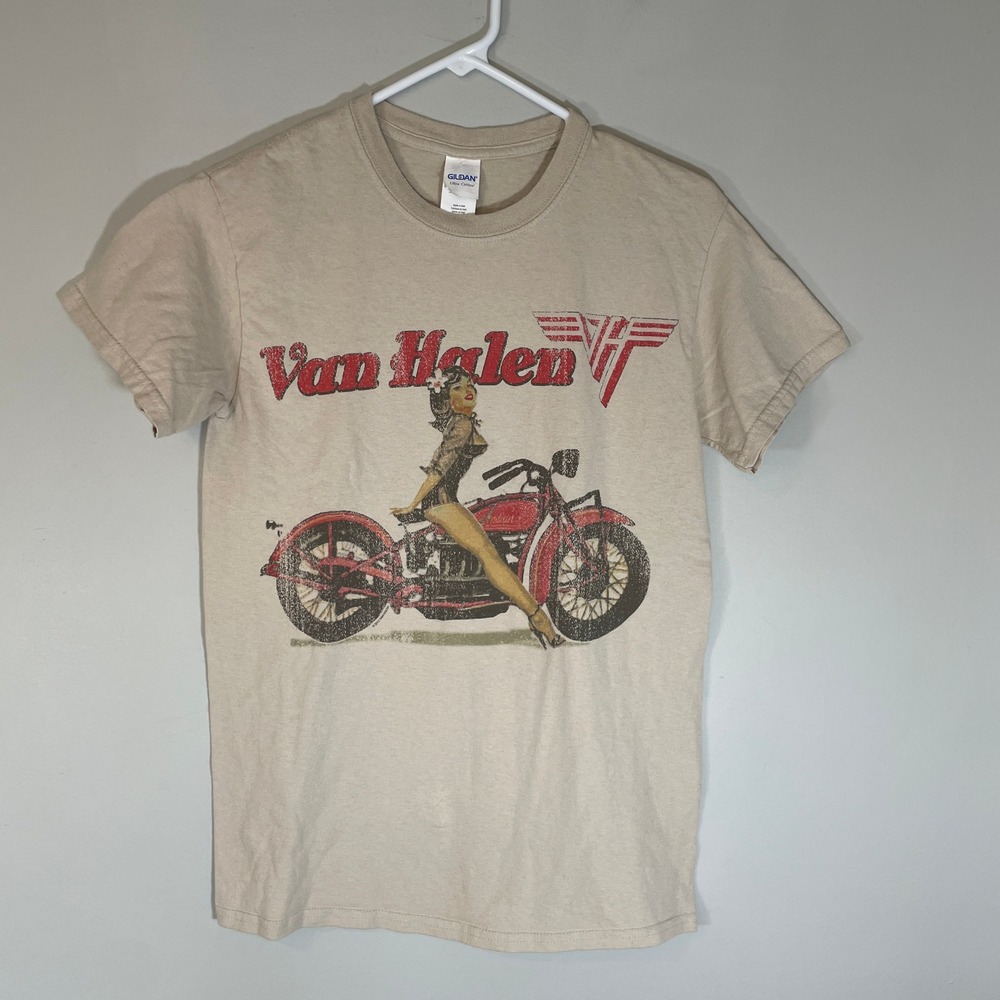 Van Halen Pin Up Girl Motorcycle Graphic T-Shirt Tan Mens S Gildan Ultra Cotton